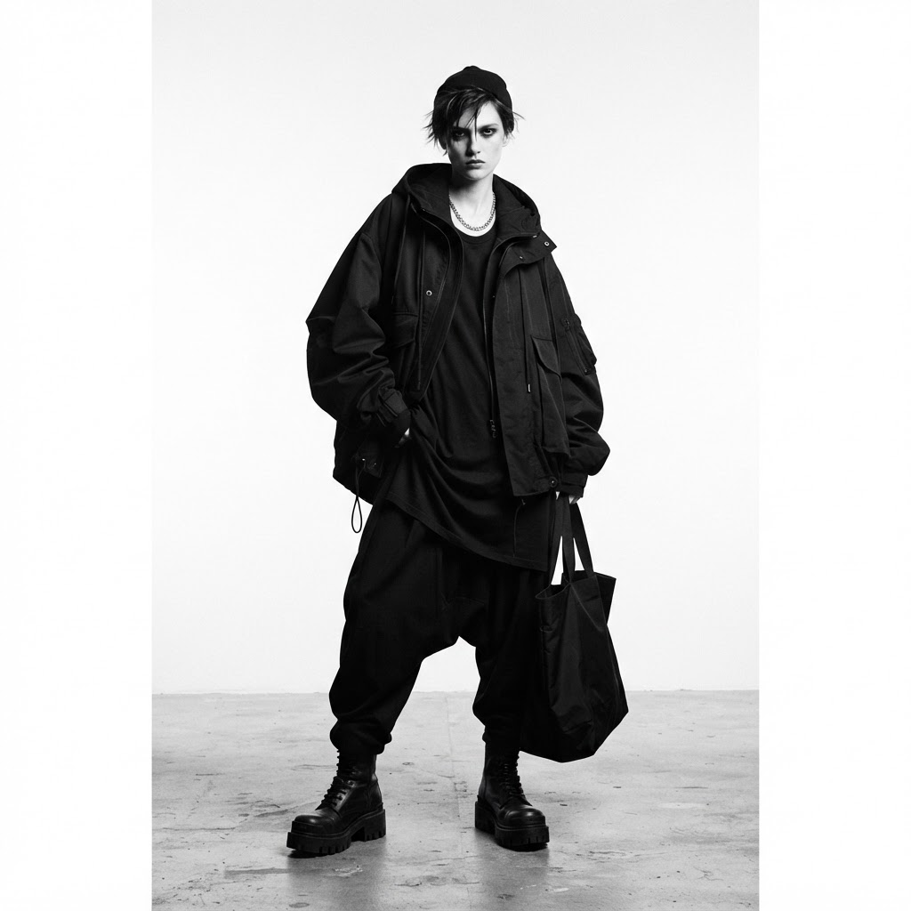 Modelo con conjunto streetwear negro de ChrisMaBry